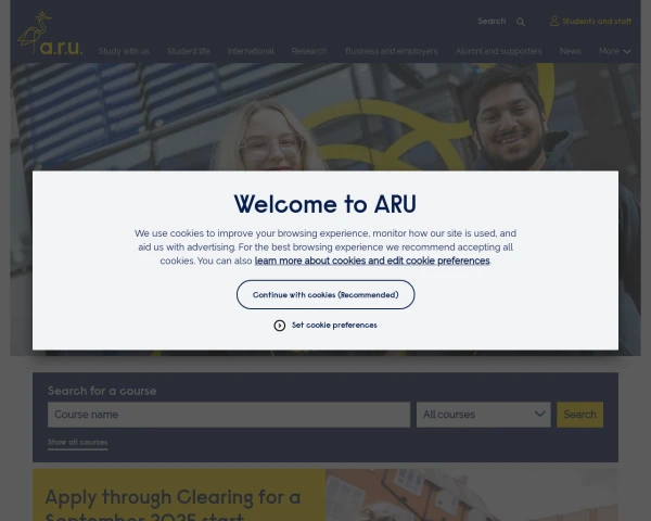 screenshot of Anglia Ruskin University website