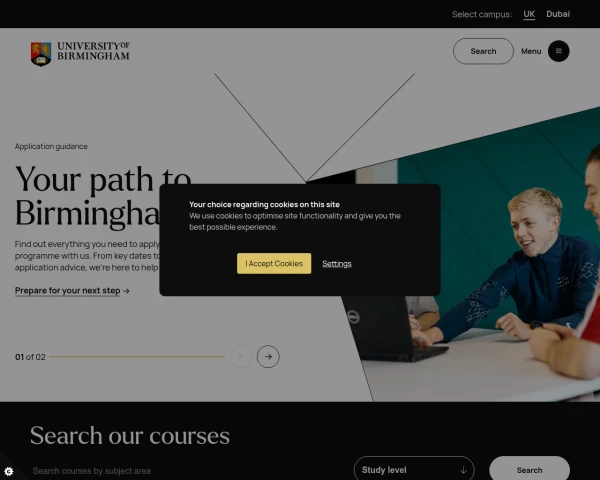 screenshot of University of Birmingham website