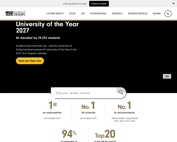 screenshot of University of Derby website