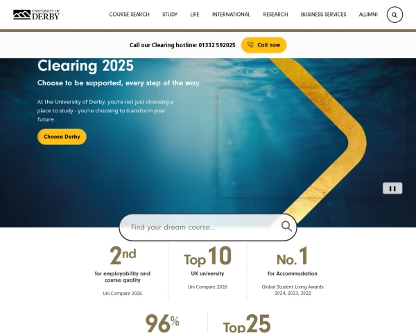 screenshot of University of Derby website