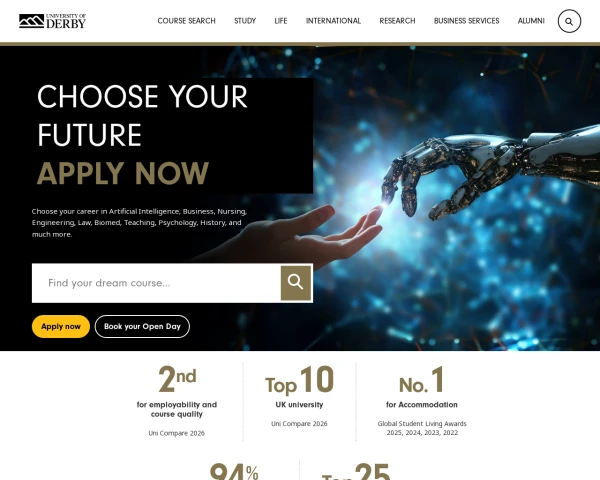 screenshot of University of Derby website