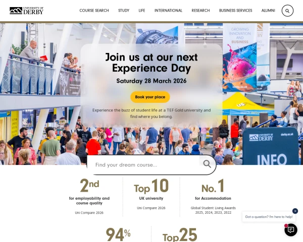 screenshot of University of Derby website