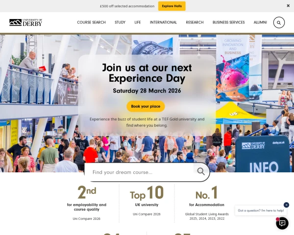 screenshot of University of Derby website