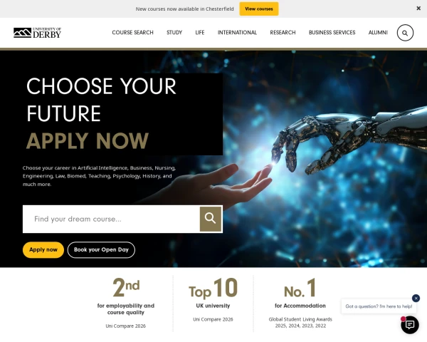 screenshot of University of Derby website