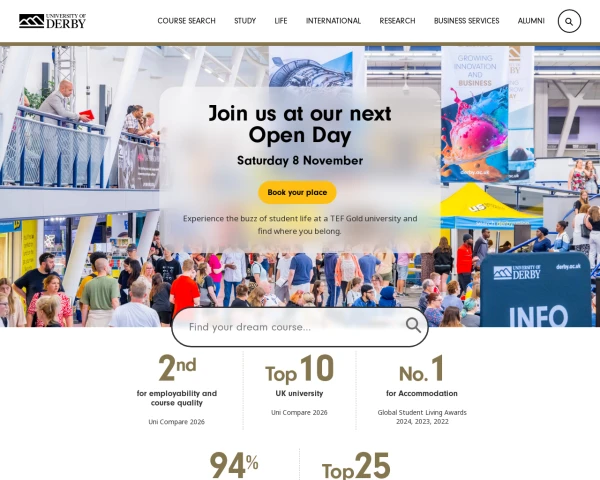 screenshot of University of Derby website