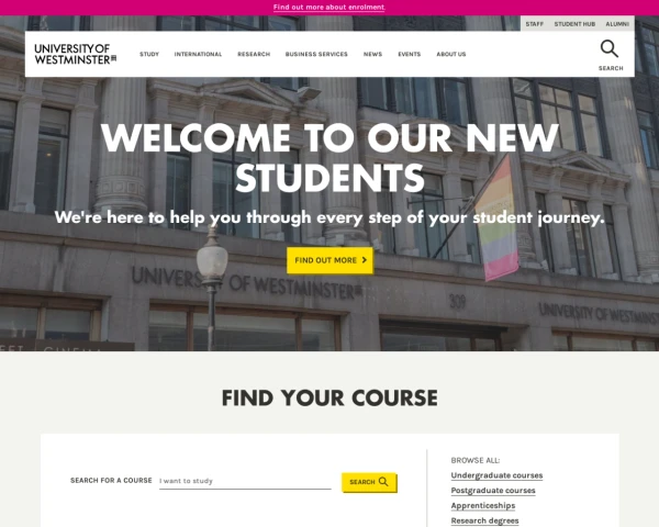 screenshot of University of Westminster website