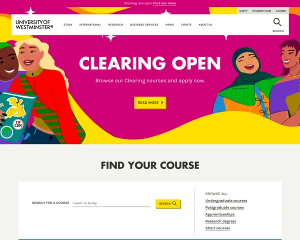 screenshot of University of Westminster website