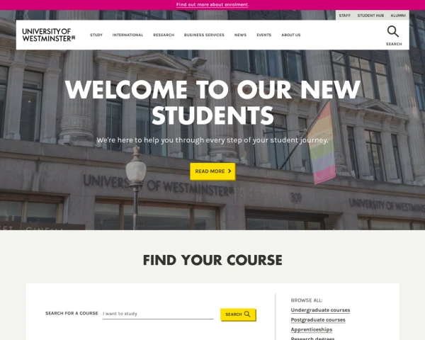 screenshot of University of Westminster website