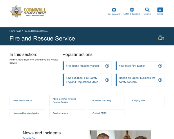 screenshot of Cornwall Fire and Rescue Service website