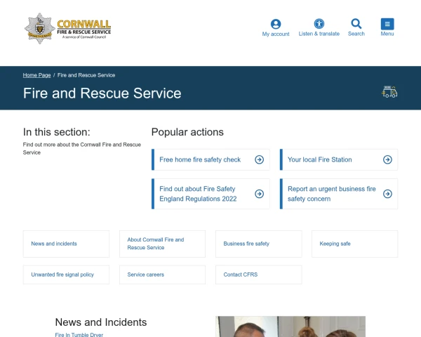 screenshot of Cornwall Fire and Rescue Service website