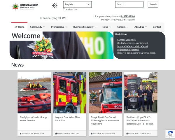 screenshot of Nottinghamshire Fire and Rescue Service website