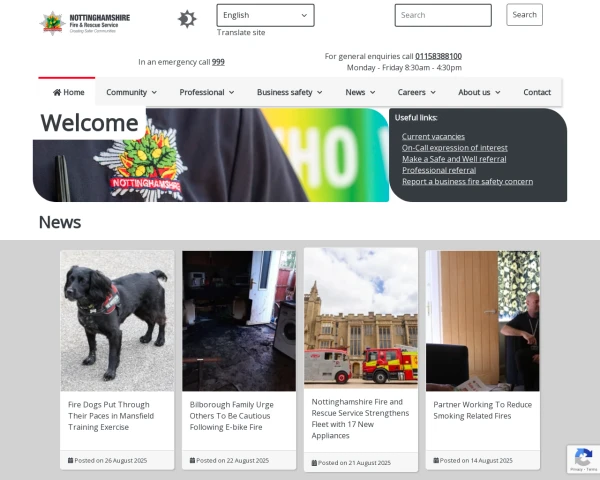 screenshot of Nottinghamshire Fire and Rescue Service website