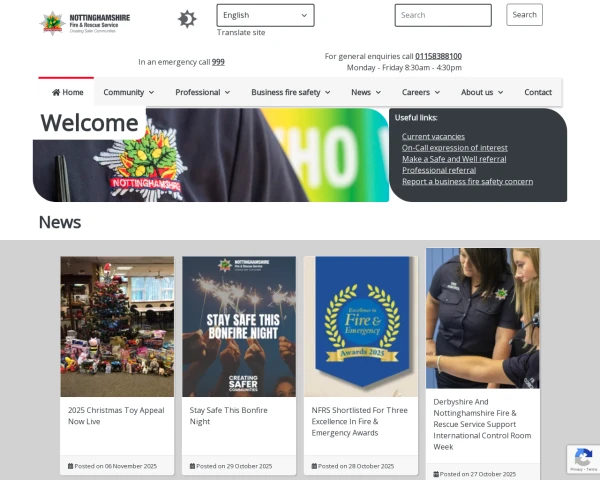 screenshot of Nottinghamshire Fire and Rescue Service website