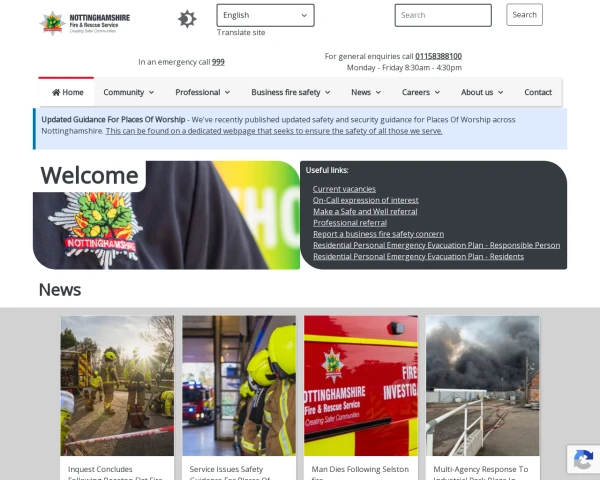 screenshot of Nottinghamshire Fire and Rescue Service website