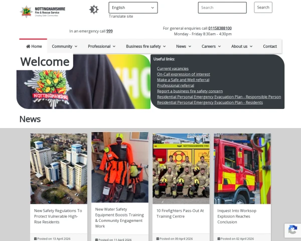 screenshot of Nottinghamshire Fire and Rescue Service website