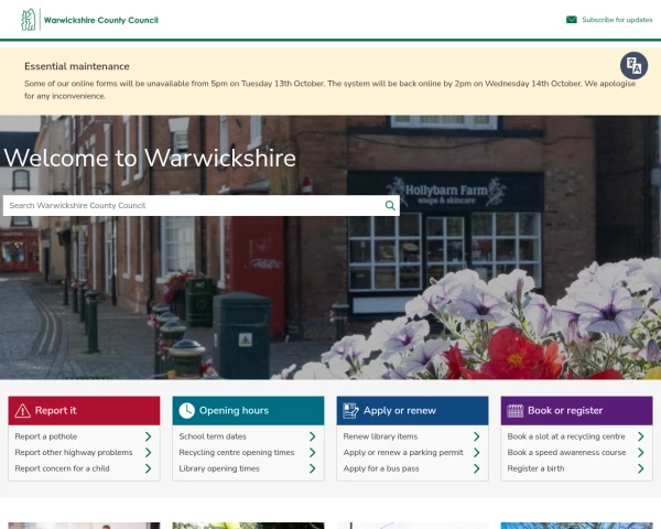 screenshot of Warwickshire Fire and Rescue Service website