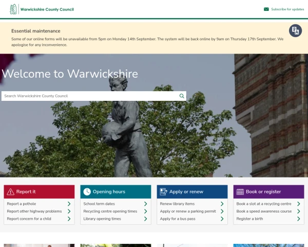 screenshot of Warwickshire Fire and Rescue Service website