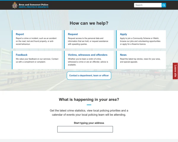screenshot of Avon and Somerset Constabulary website