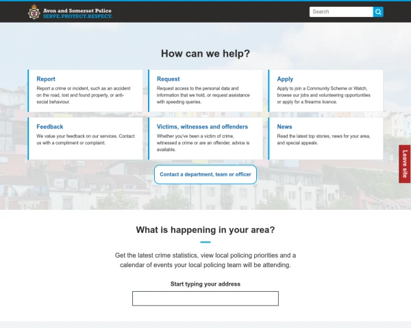 screenshot of Avon and Somerset Constabulary website