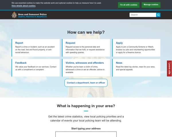 screenshot of Avon and Somerset Constabulary website
