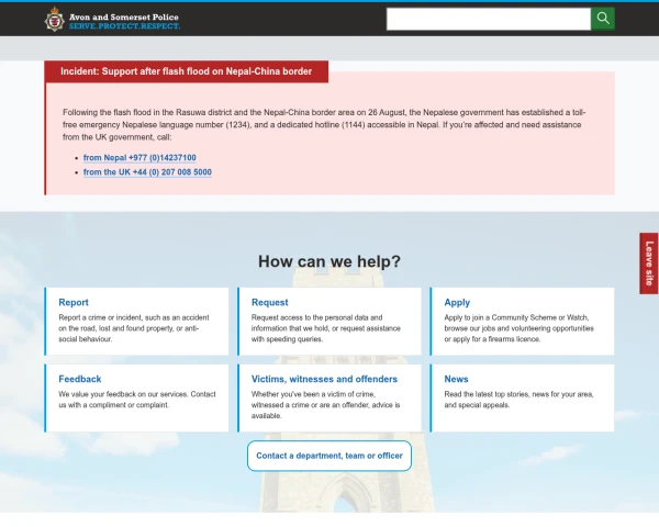 screenshot of Avon and Somerset Constabulary website
