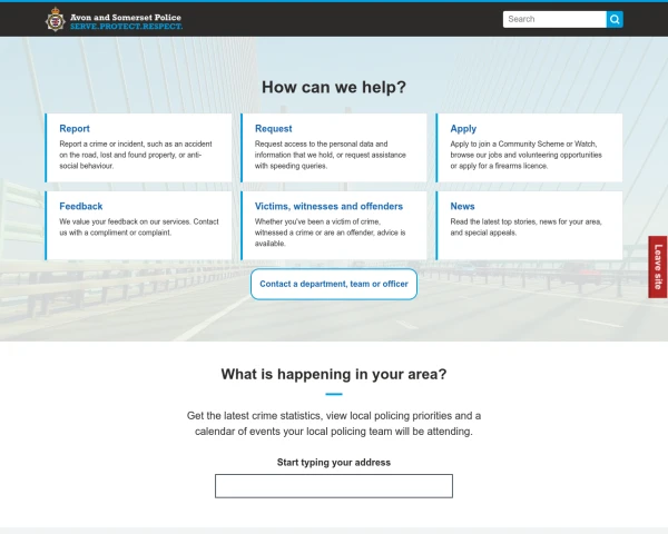 screenshot of Avon and Somerset Constabulary website