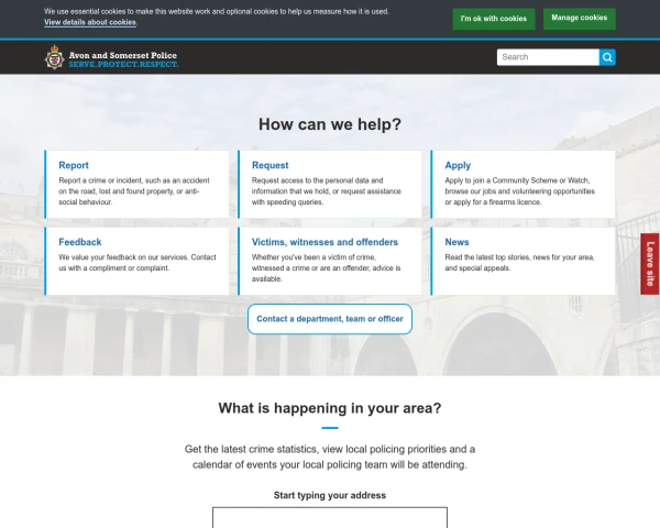 screenshot of Avon and Somerset Constabulary website