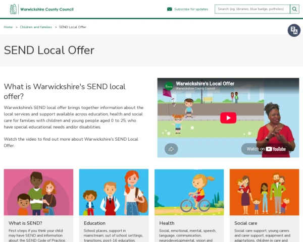 screenshot of Warwickshire Local Offer website
