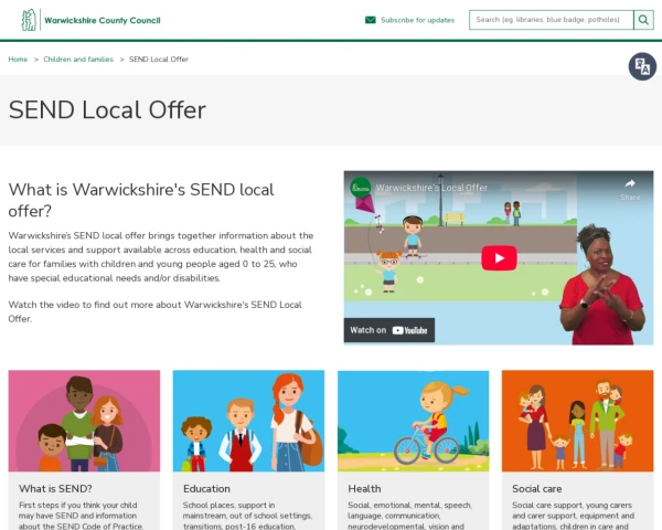 screenshot of Warwickshire Local Offer website