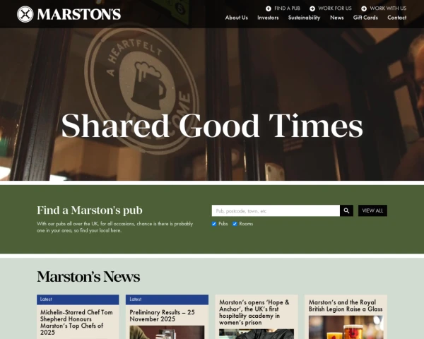 screenshot of Marston's Pubs website