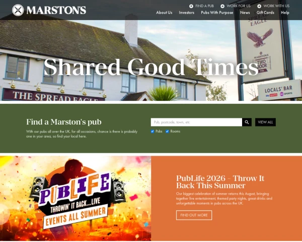 screenshot of Marston's Pubs website