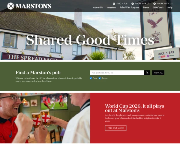 screenshot of Marston's Pubs website