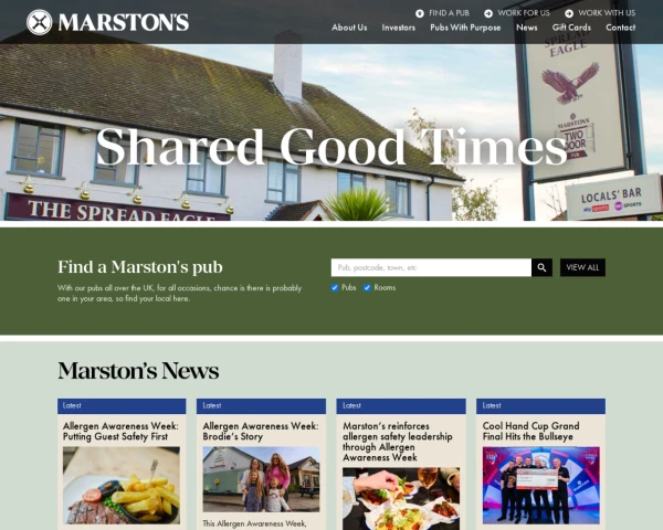 screenshot of Marston's Pubs website
