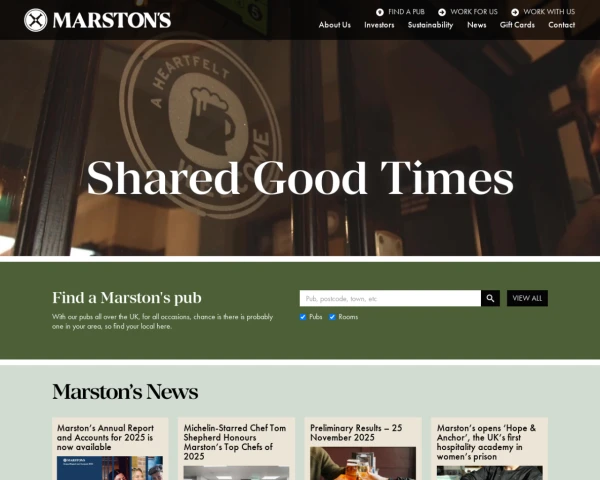 screenshot of Marston's Pubs website