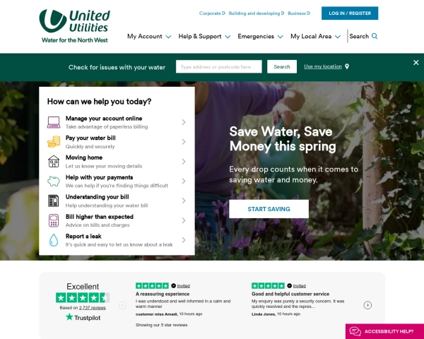 screenshot of United Utilities website