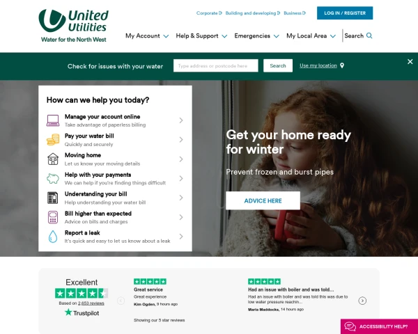 screenshot of United Utilities website