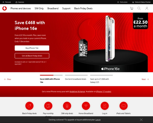 screenshot of Vodafone website