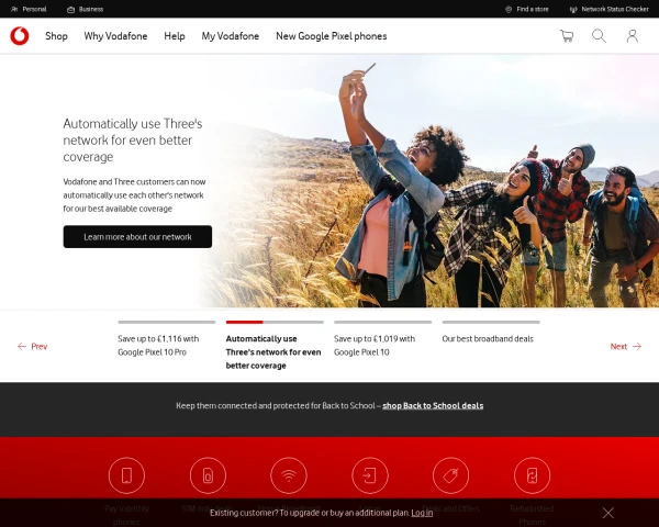 screenshot of Vodafone website