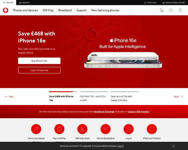 screenshot of Vodafone website