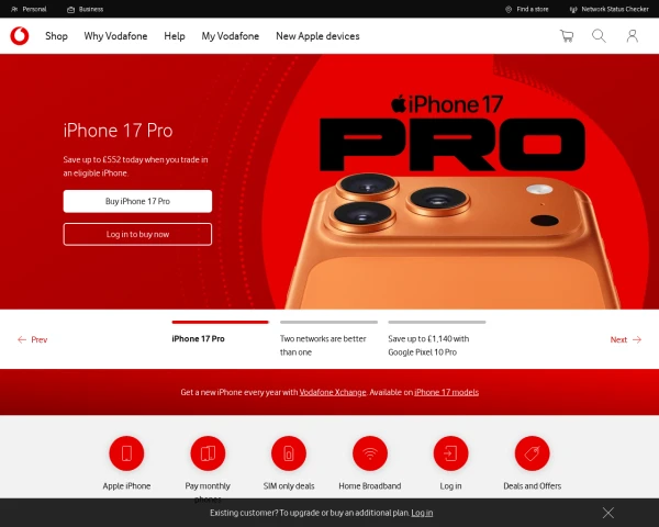 screenshot of Vodafone website