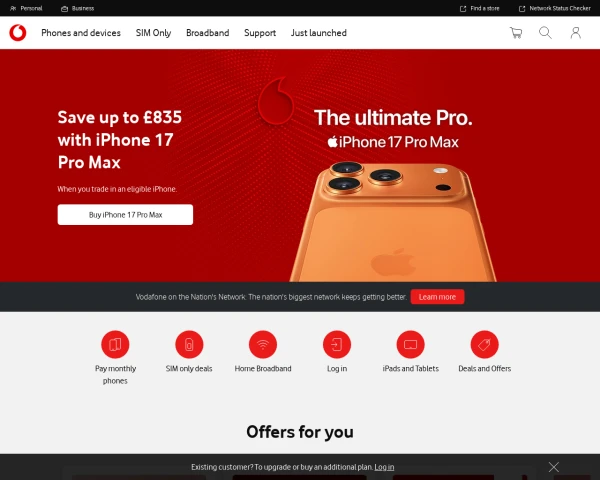screenshot of Vodafone website