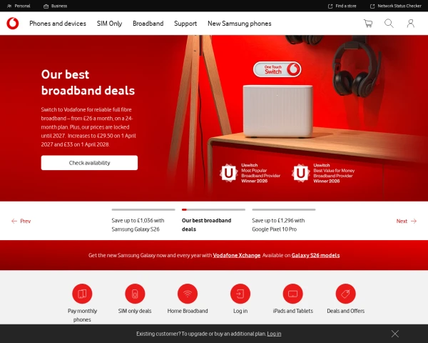screenshot of Vodafone website
