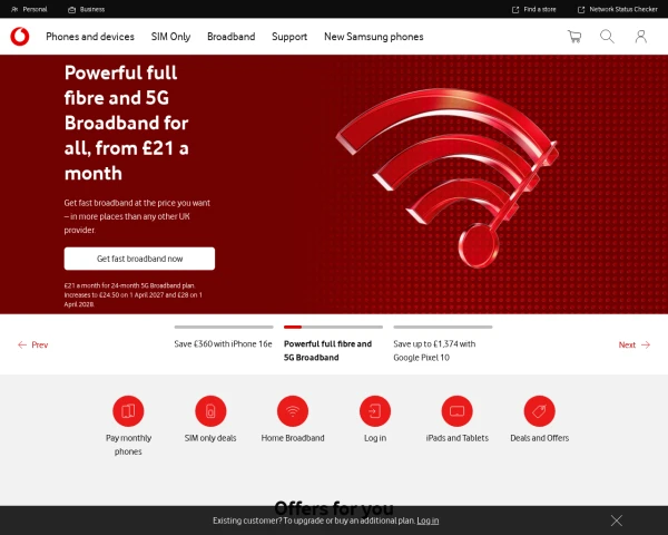 screenshot of Vodafone website