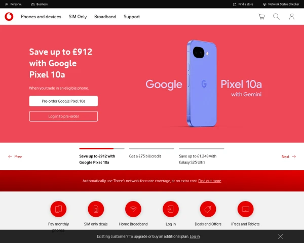 screenshot of Vodafone website