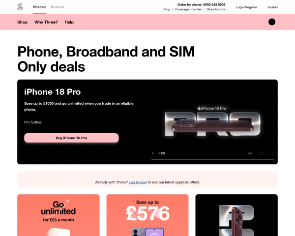 screenshot of Three website