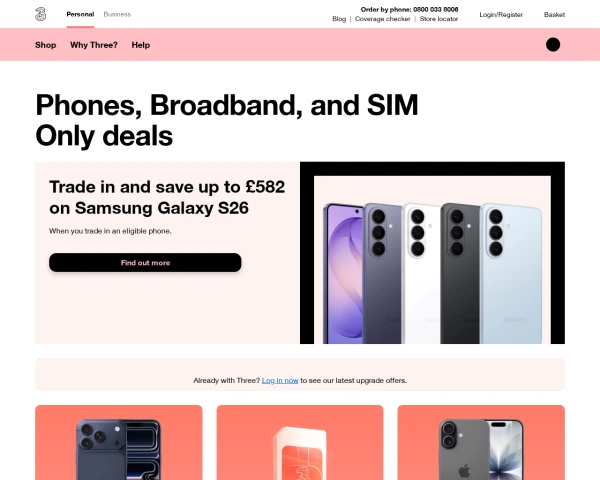 screenshot of Three website