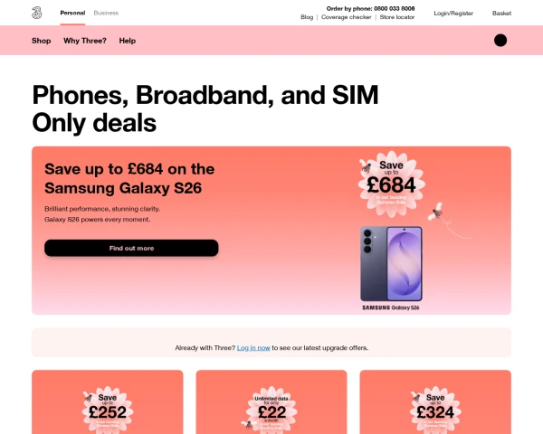 screenshot of Three website