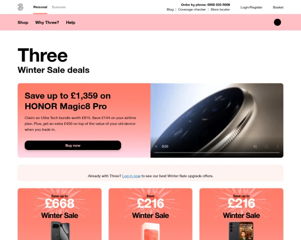 screenshot of Three website