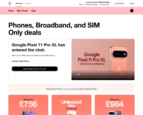 screenshot of Three website