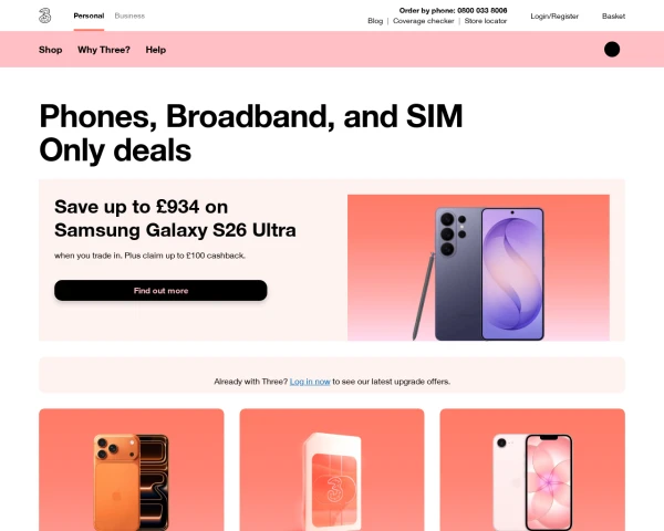 screenshot of Three website